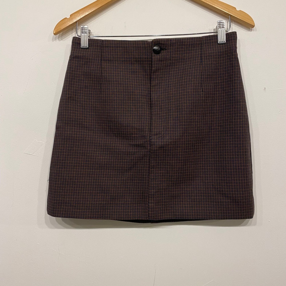 Zara Brown Houndstooth Check Mini Skirt High Waist Back Pocket Small NEW